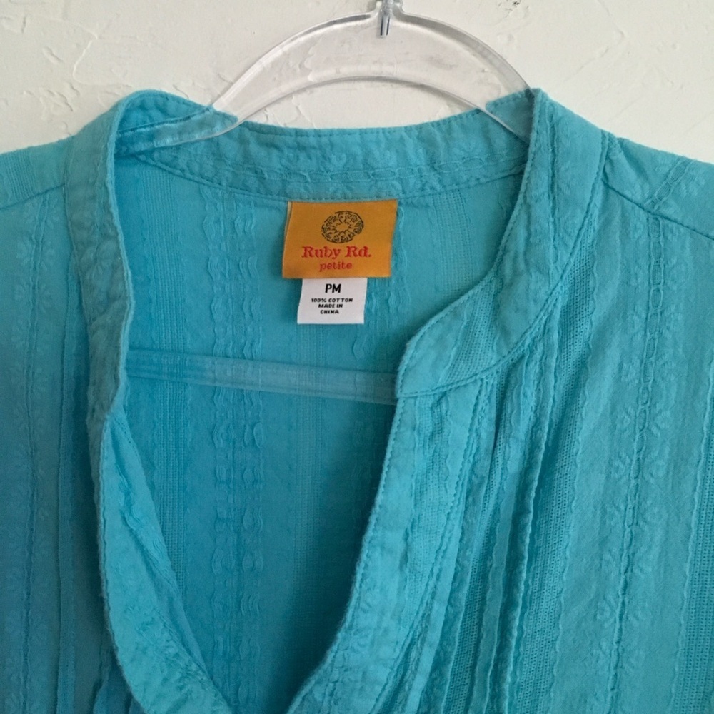 Ruby Rd Petite Teal Cotton Pintuck Split Neck Blo… - image 3